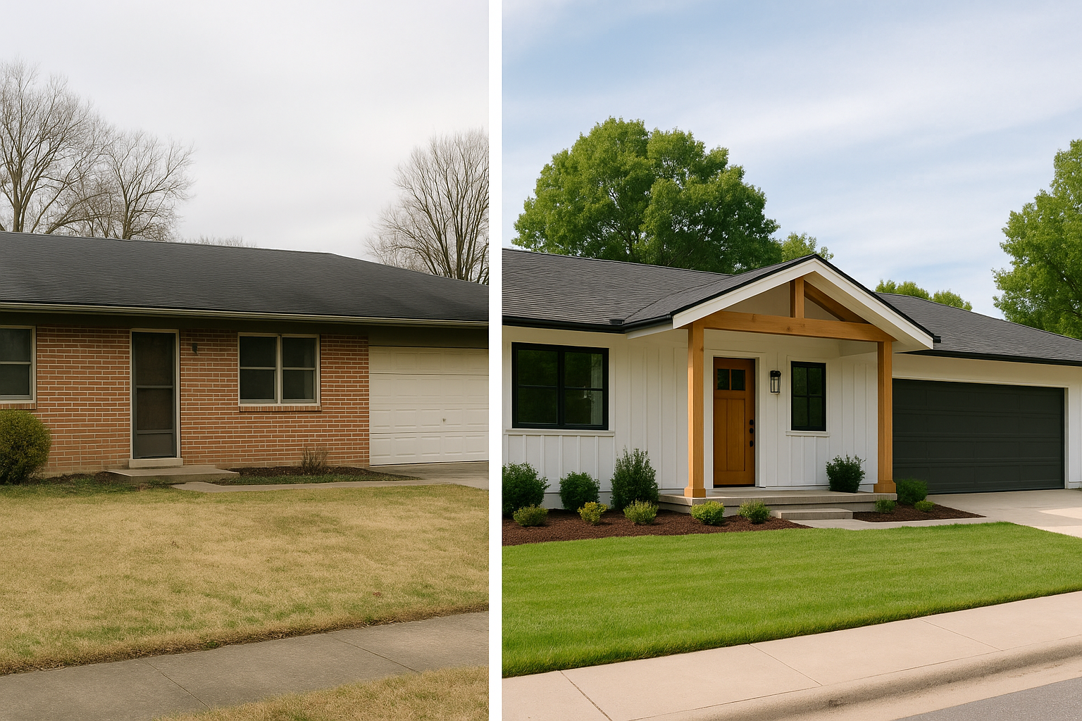 before and after 1960s ranch house exterior remodel