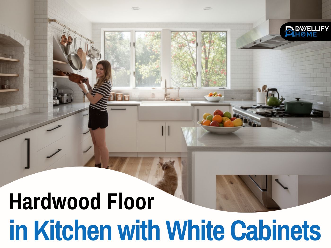 hardwood floor in kitchen with white cabinets