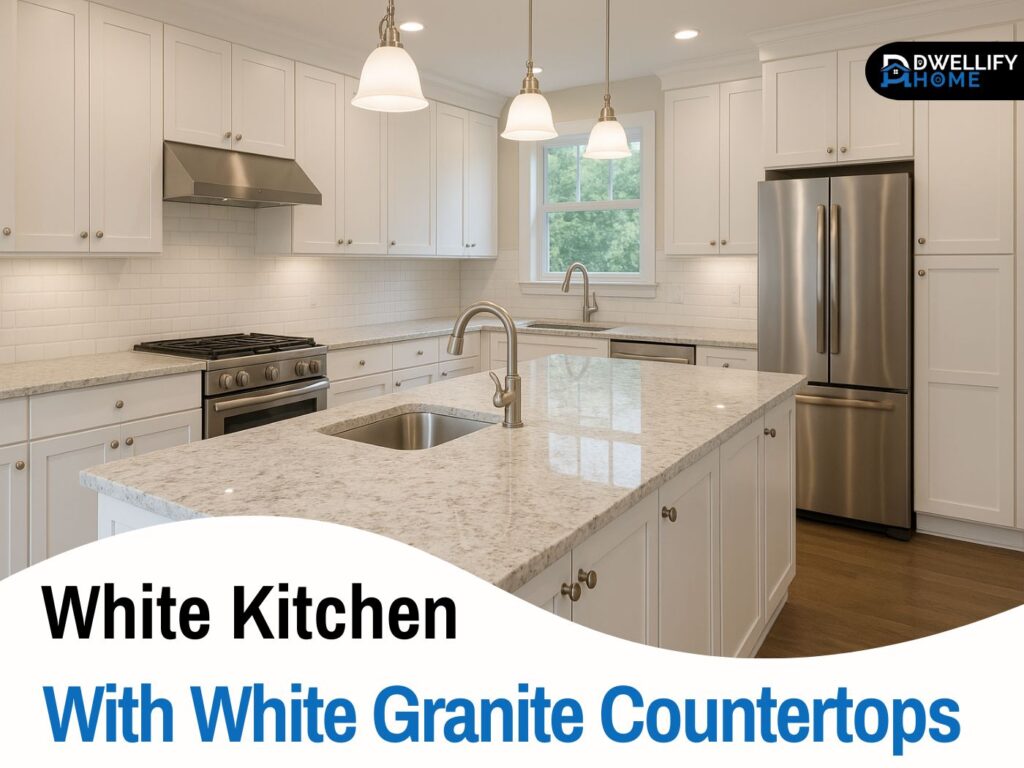 white kitchen with white granite countertops