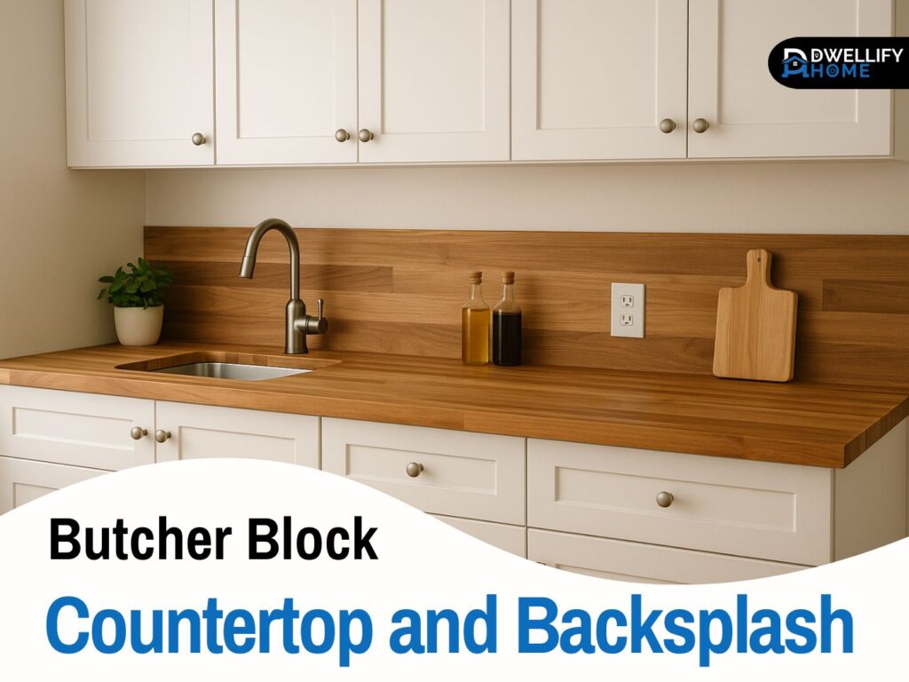 butcher block countertop and backsplash