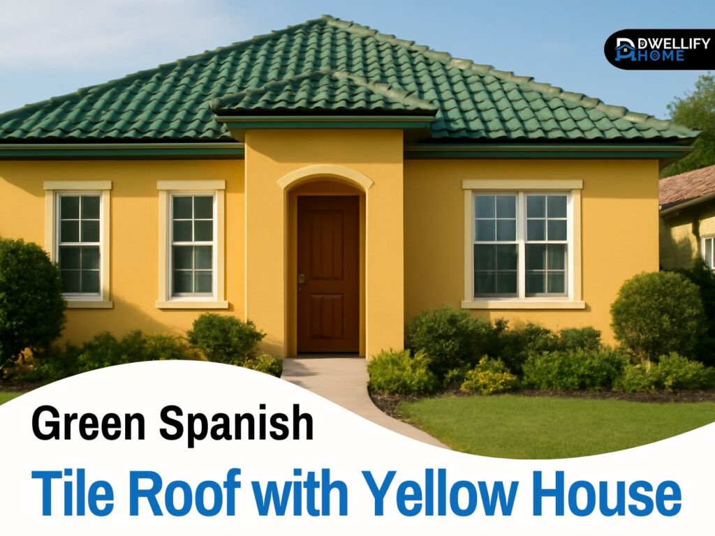 green spanish tile roof with yellow house