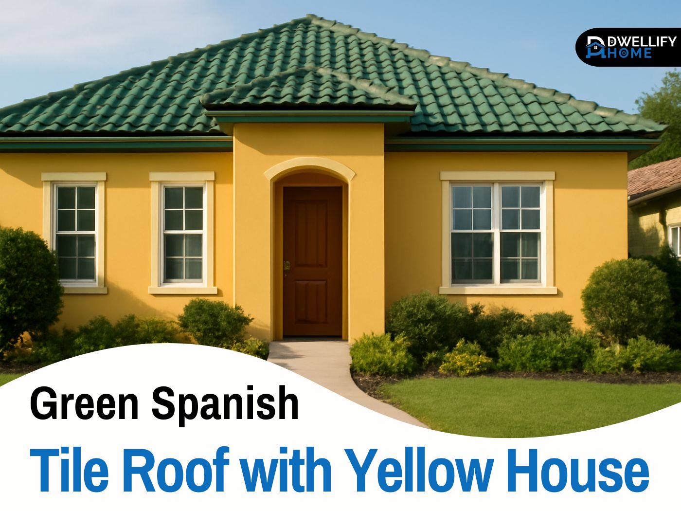 green spanish tile roof with yellow house