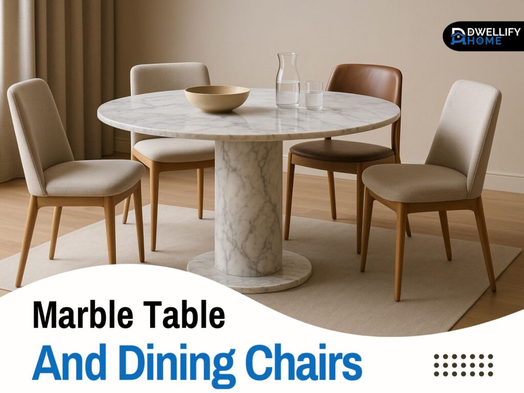 marble table and dining chairs