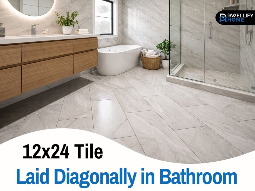 12x24 tile laid diagonally in bathroom