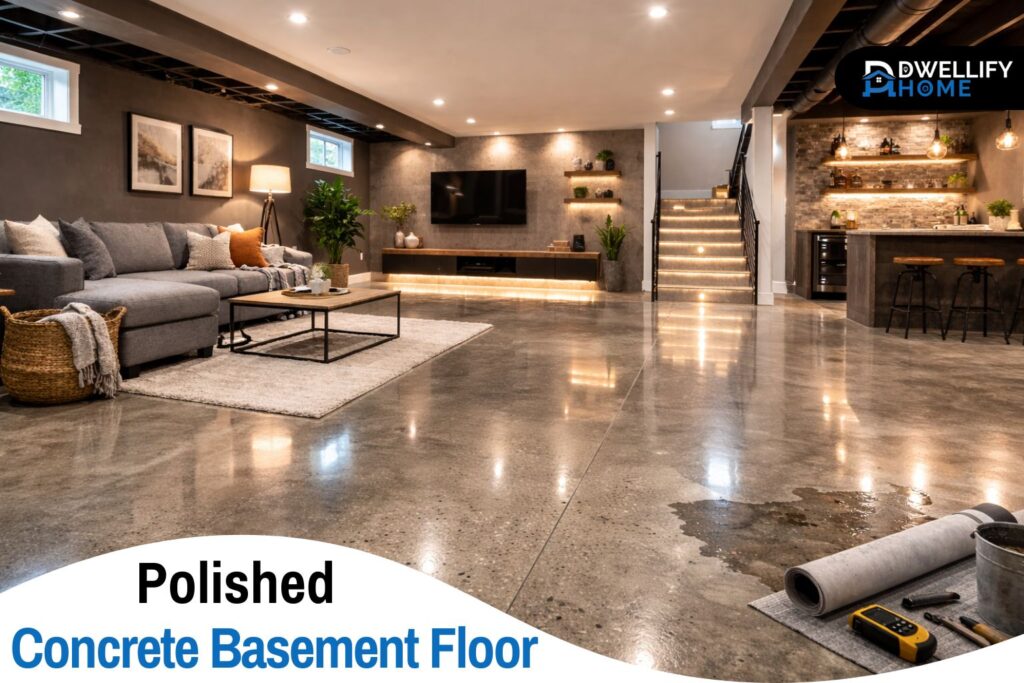polished concrete basement floor