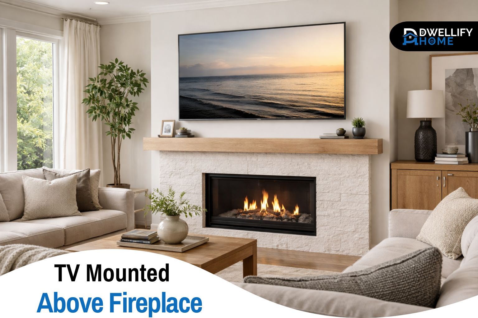 tv mounted above fireplace