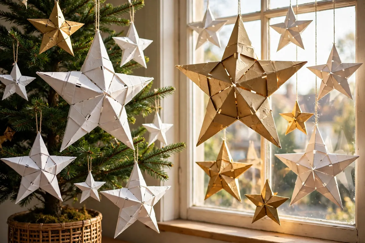 Handmade 3D paper stars in white and gold cardstock in several sizes hanging on a Christmas tree and in a sunny window, showing folds and interlocking construction