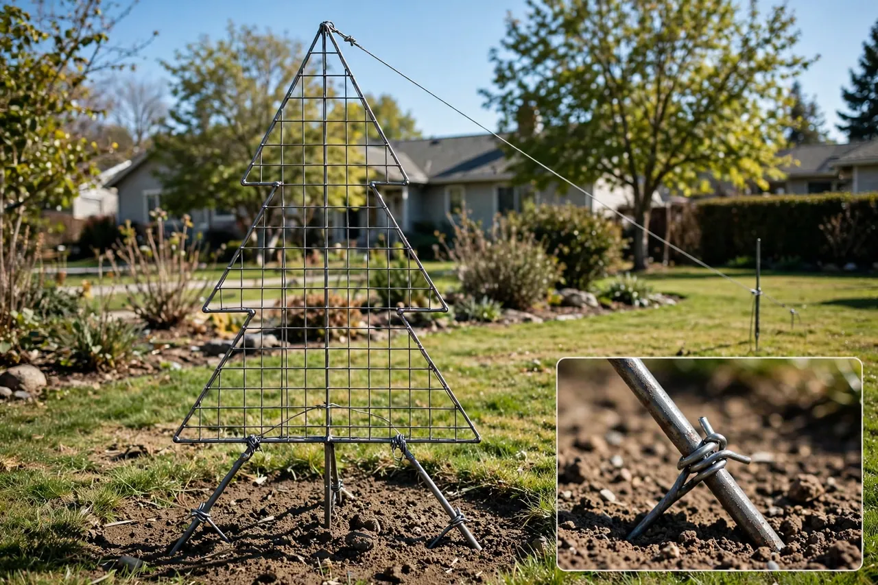 A tall wire-frame steel Christmas tree anchored with angled steel stakes, wire ties, and a guy line to a distant stake, with a close-up inset of a tied angled stake in soil