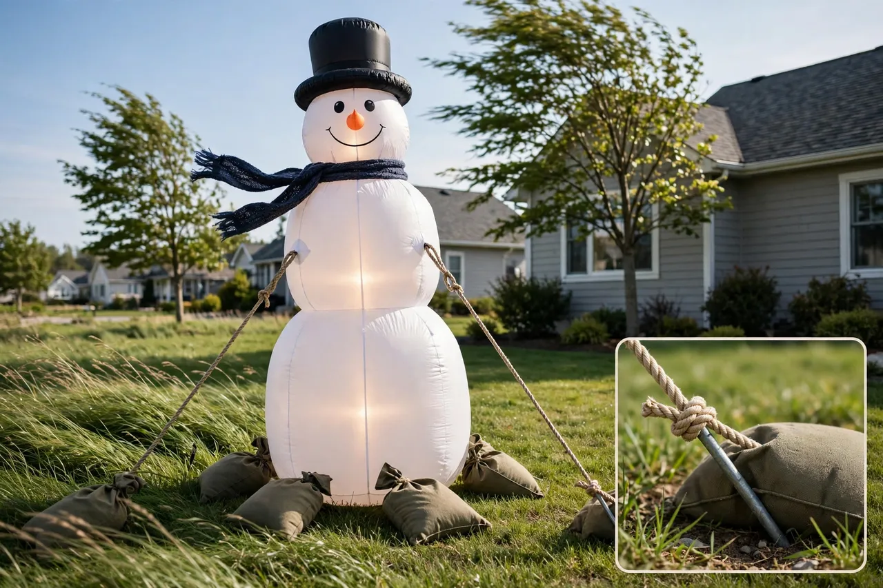 Tall inflatable snowman held firm by taut tether ropes to angled ground stakes with sandbags weighting its base on a breezy day