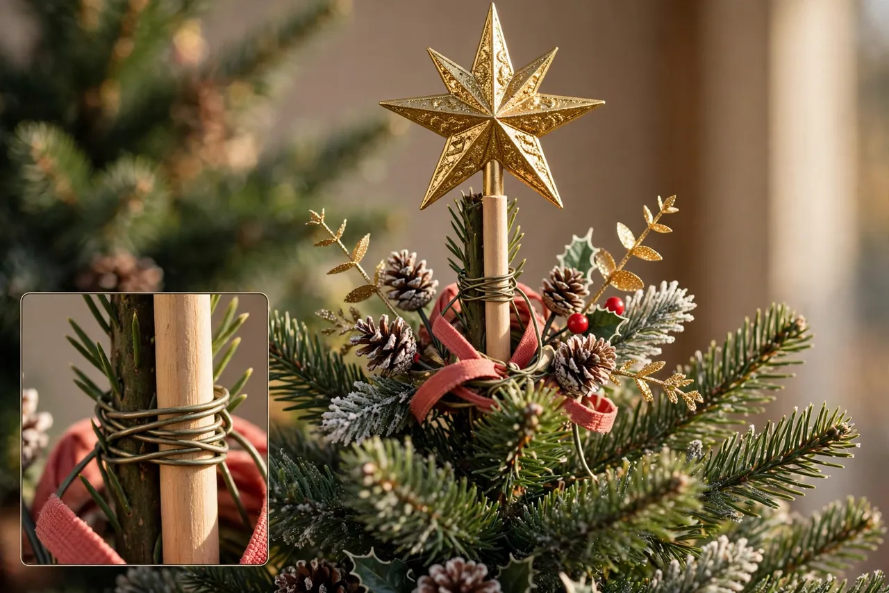 Gold star topper mounted straight on a wooden dowel post wired to the tree top stem with pinecones and picks hiding the base