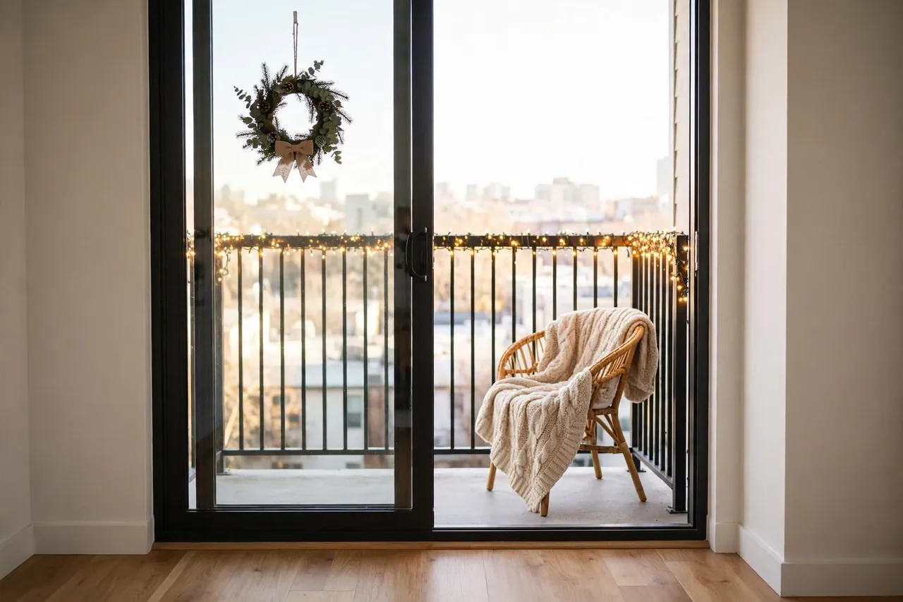 View through a glass door of a tiny balcony decorated for Christmas: warm railing lights, a chair with a thick cream throw, and a small wreath on the door, floor left clear