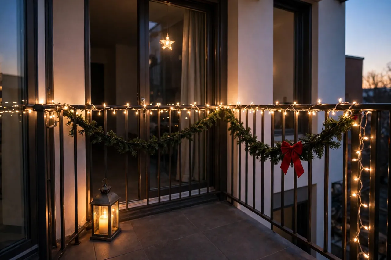 Tiny balcony with layered Christmas lighting: warm railing lights, a green garland with a red bow, a glowing lantern on the floor, and a lit star in the window