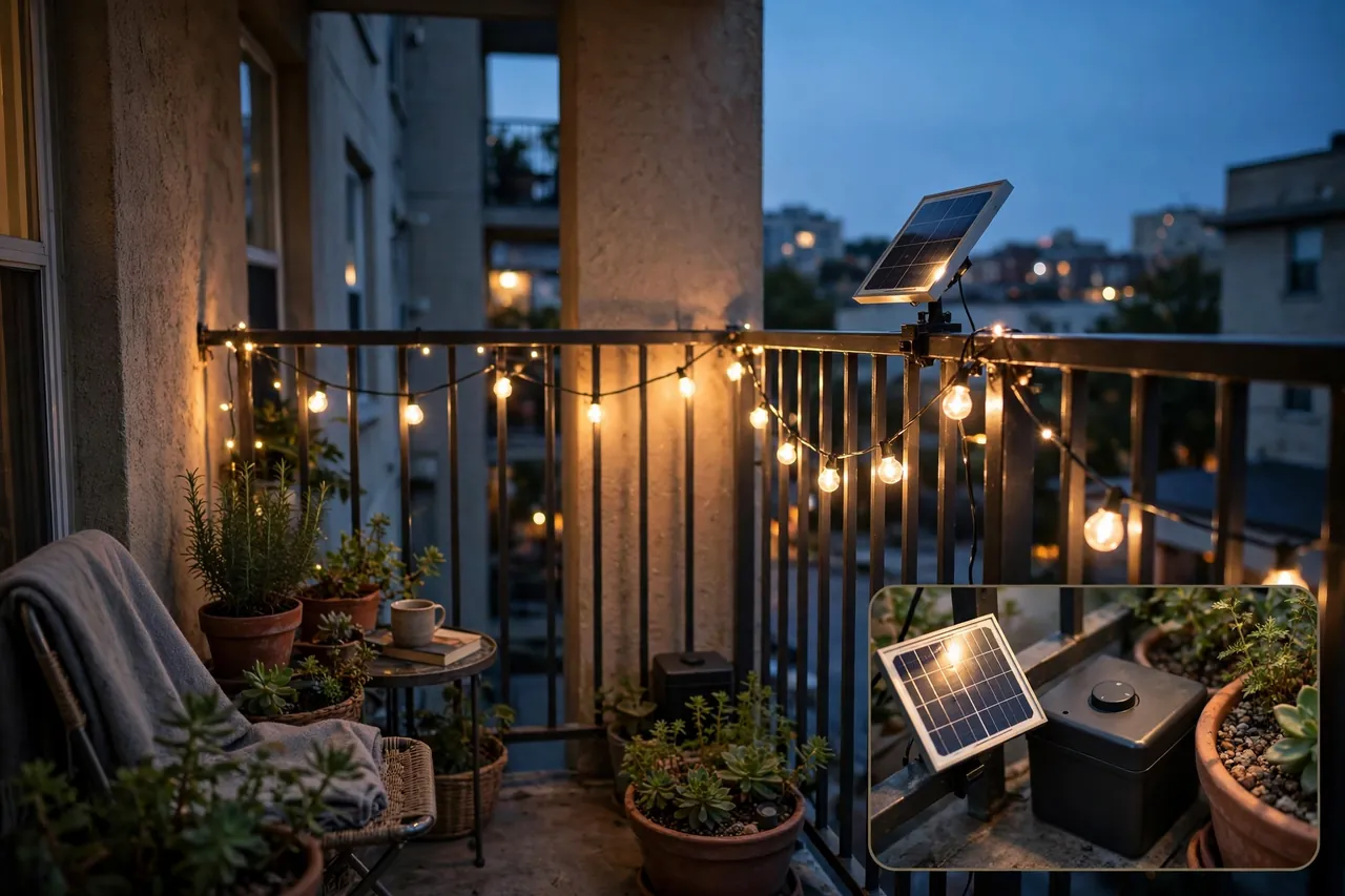 Small apartment balcony at dusk lit by warm string lights powered by a solar panel angled to the sky on the railing, with a magnified inset of the solar panel and plain battery box