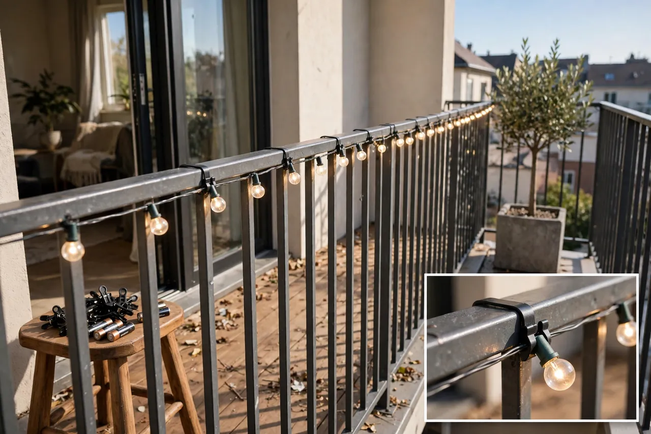 Balcony railing with a light strand fastened flat and snug by close-spaced clips, spare clips and batteries on a stool, and a small tree in a weighted planter, with a magnified inset of a tight clip