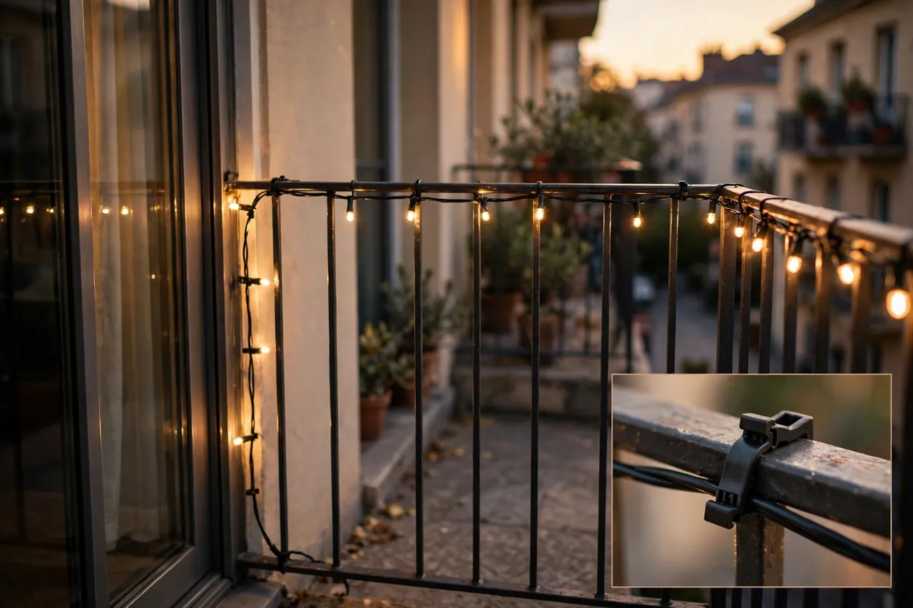 Warm white string lights clipped snugly along a small apartment balcony railing at dusk, with a magnified inset showing a black clip gripping the light strand to the rail