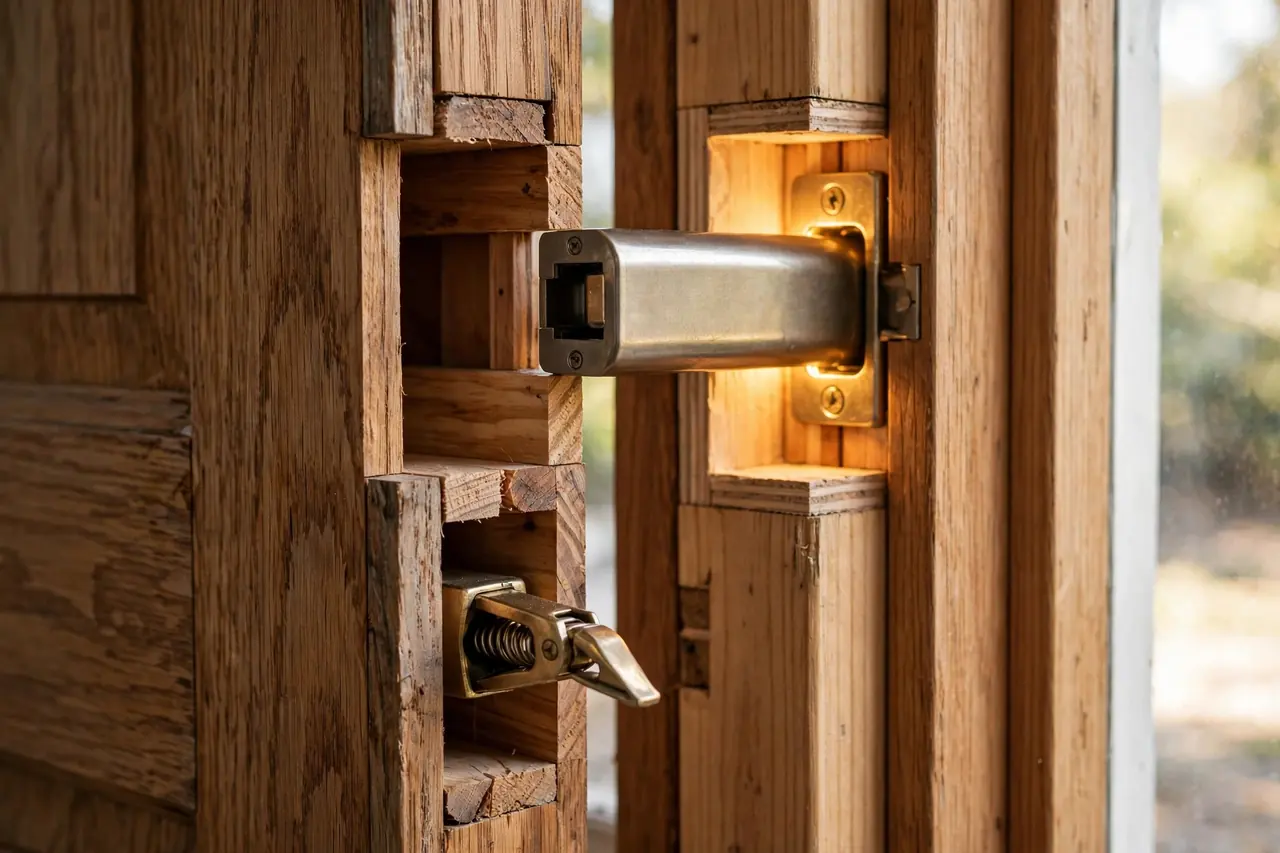 Cutaway of a door edge showing a deadbolt thrown deep into the frame above a spring latch