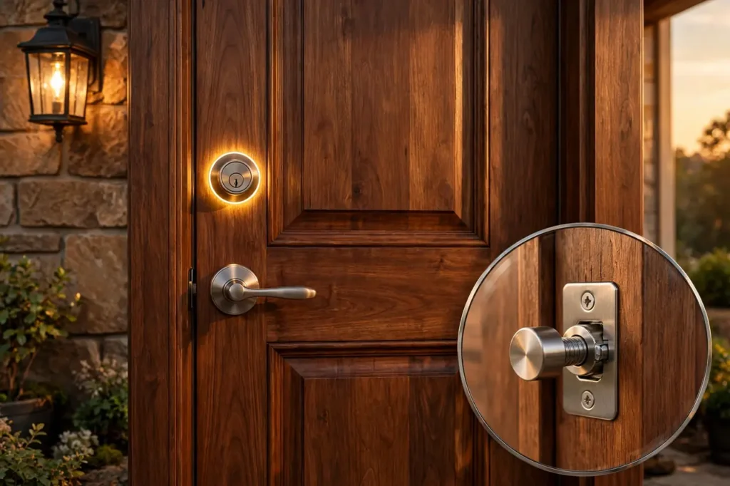 Premium deadbolt on a wooden front door with a magnified inset of the bolt seated in its strike plate