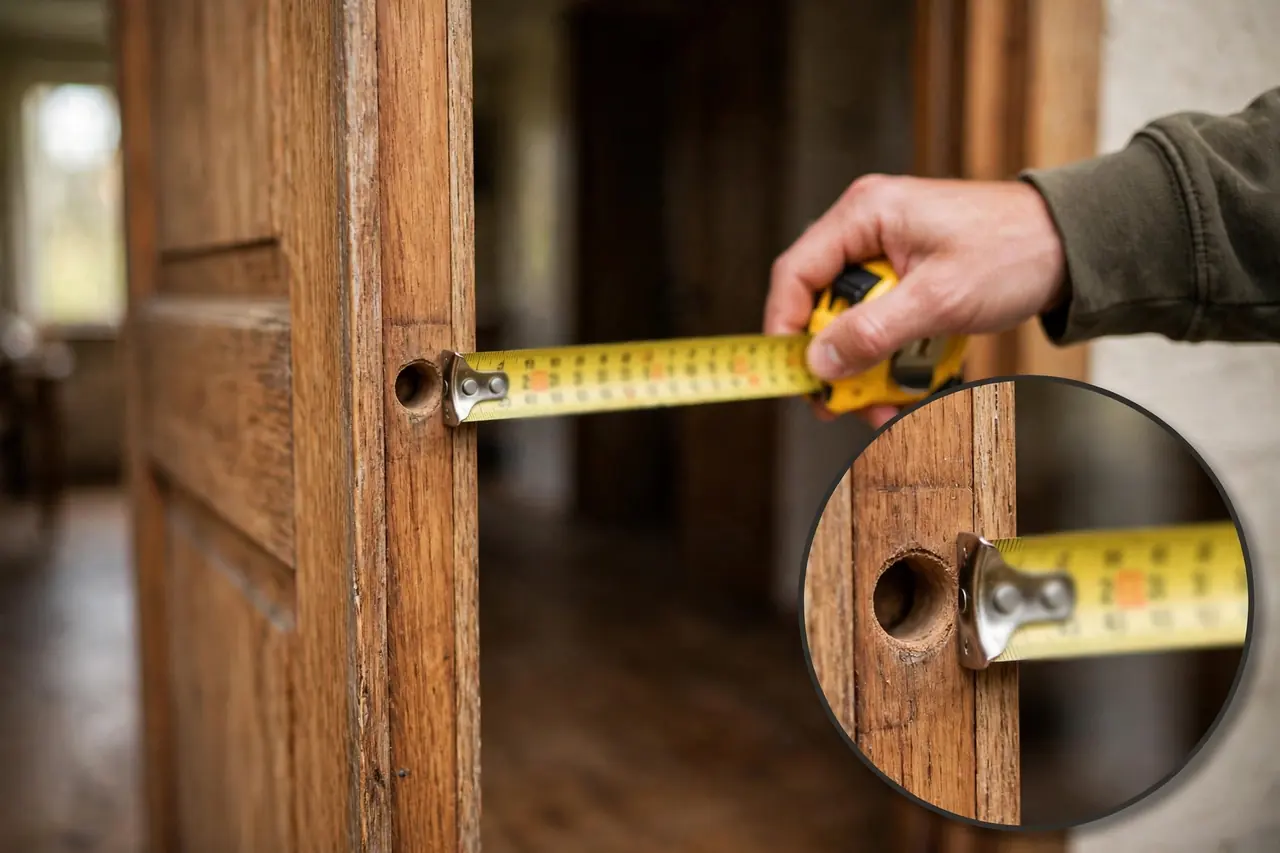 Tape measure checking door thickness and backset at an open door edge bore