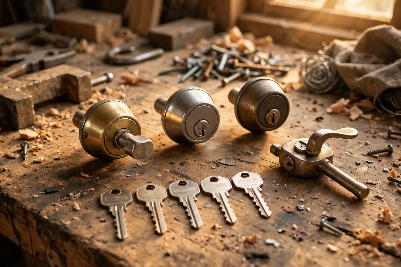 Mechanical deadbolts, a keyed lever and loose keys laid out on a workbench