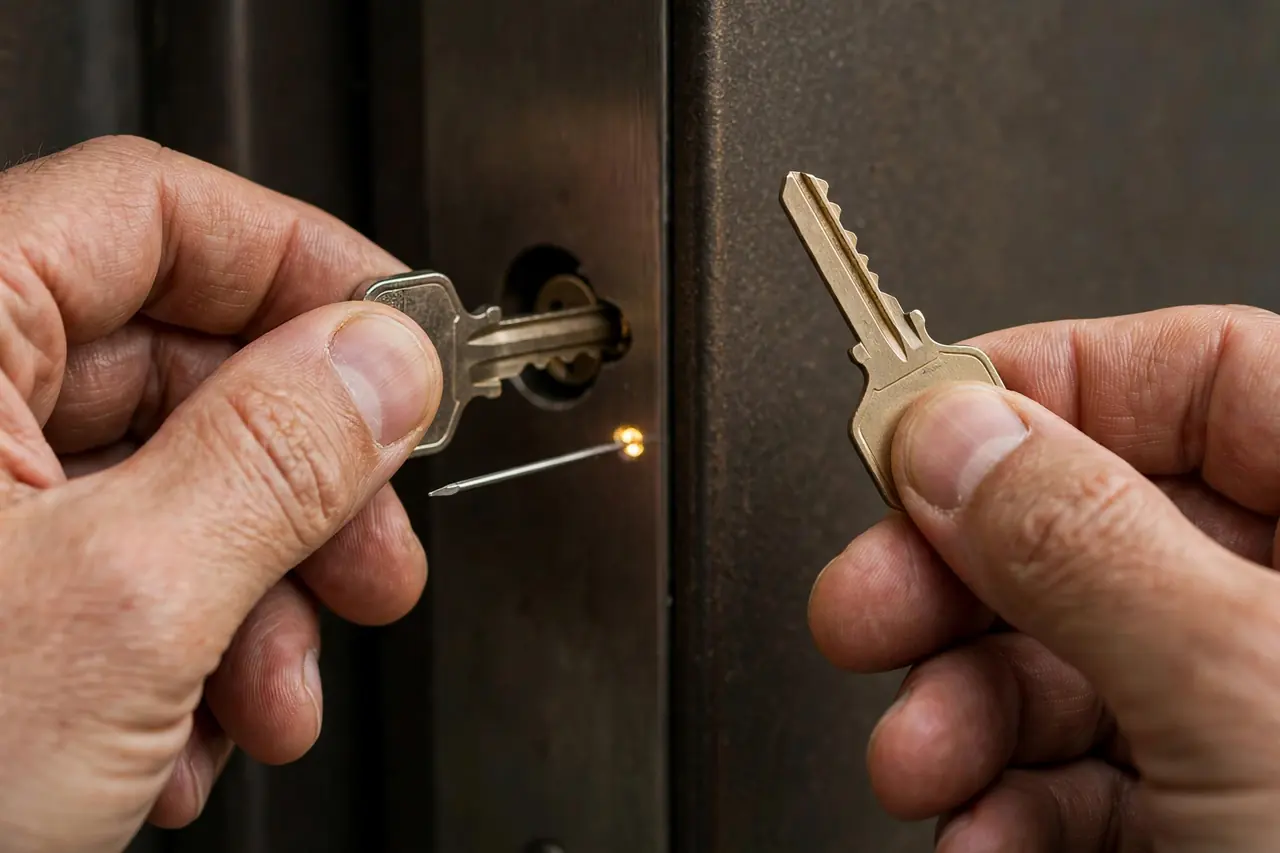 Hands rekeying a door cylinder with the working key, learn tool and new key