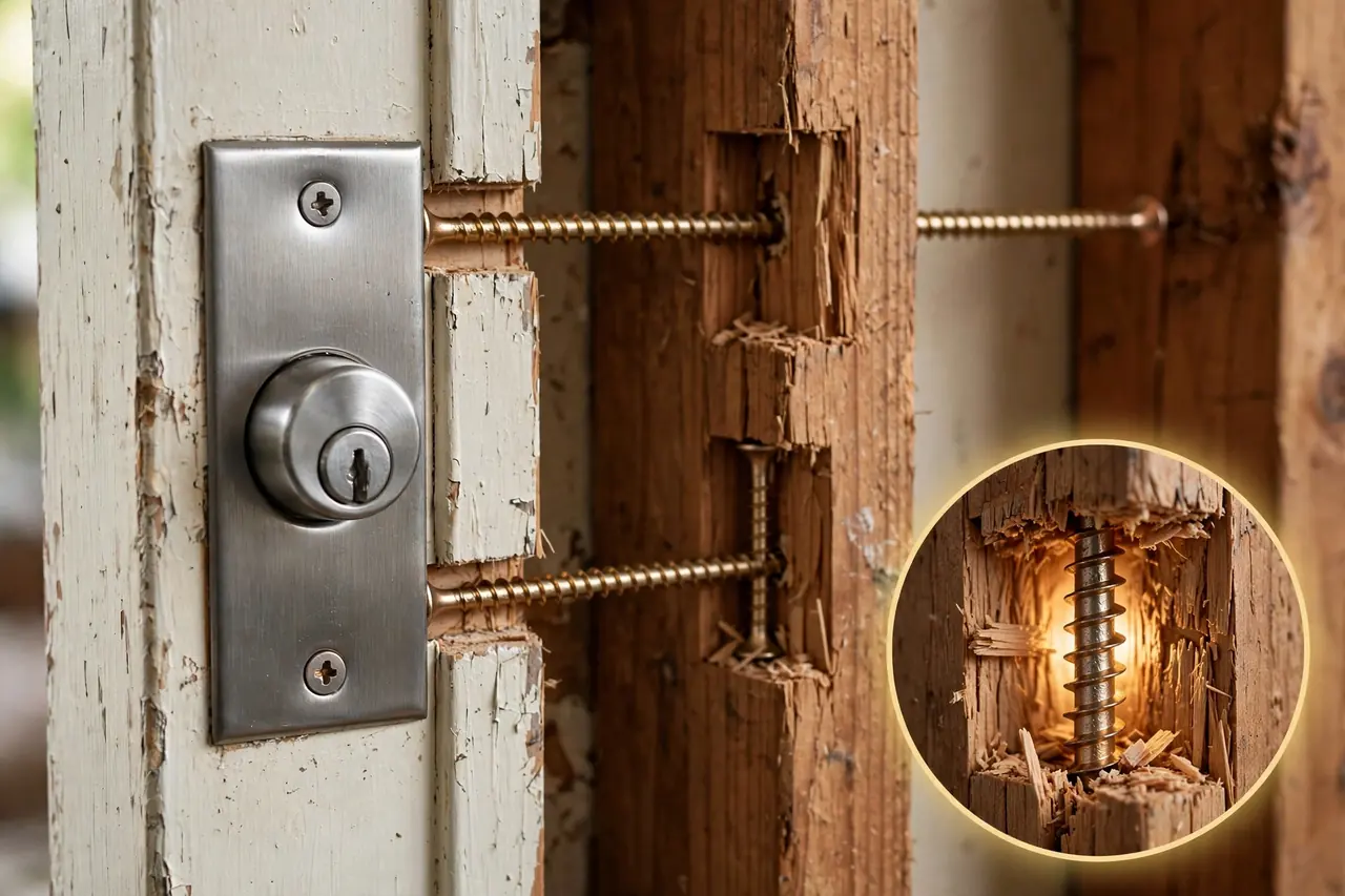 Strike plate cutaway showing long screws reaching into the wall stud with the bolt seated in the strike box