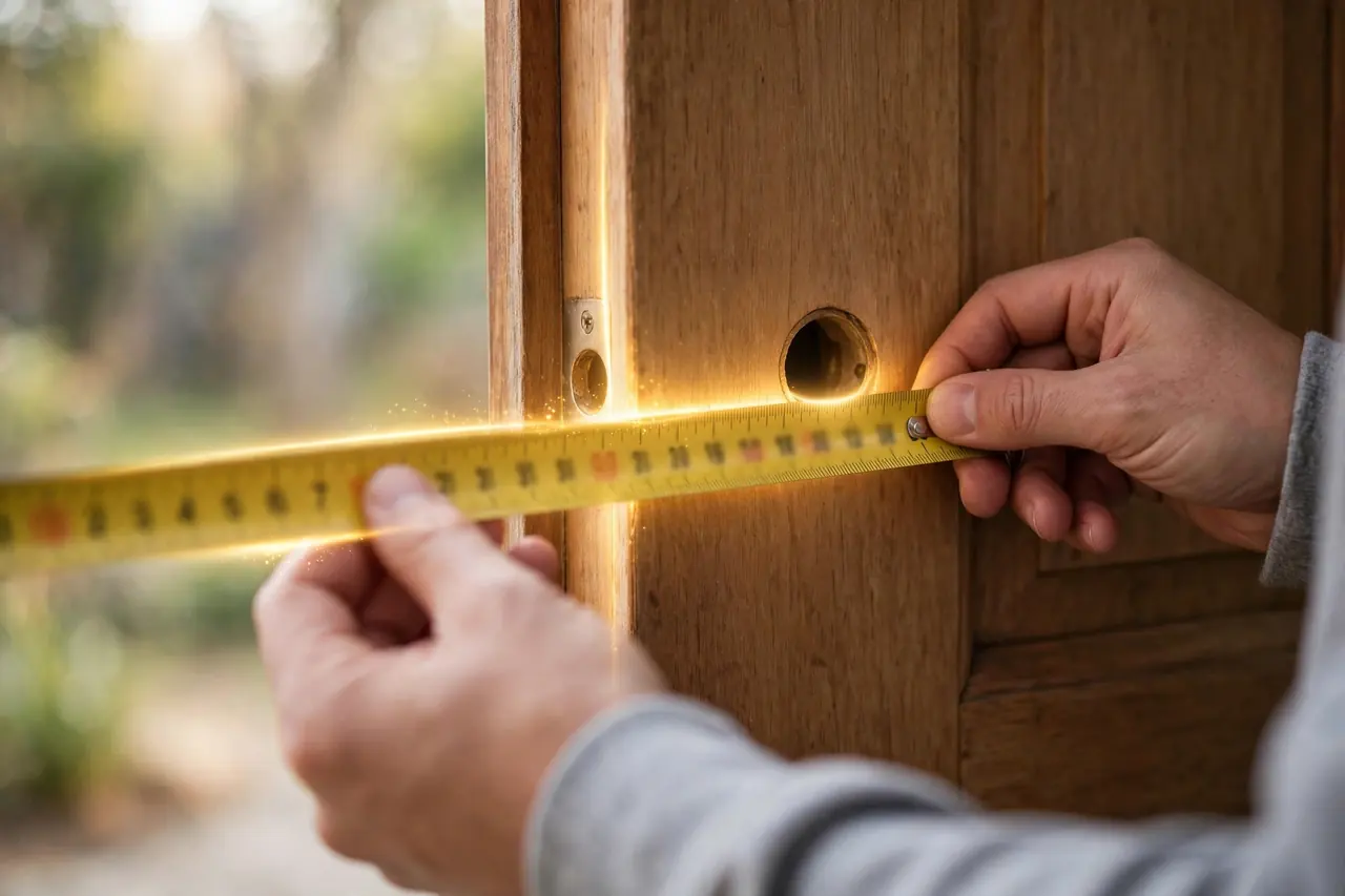 Measuring a door backset with a tape measure from the edge to the center of the lock hole