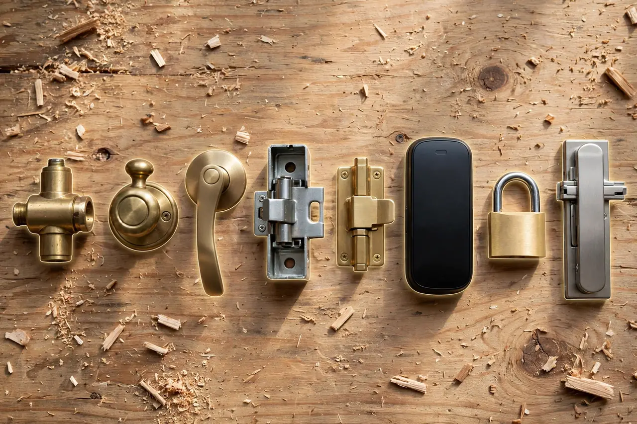 Eight lock types laid out in a row on a workbench — deadbolt, knob, lever, mortise, rim latch, smart lock, padlock and sliding-door lock