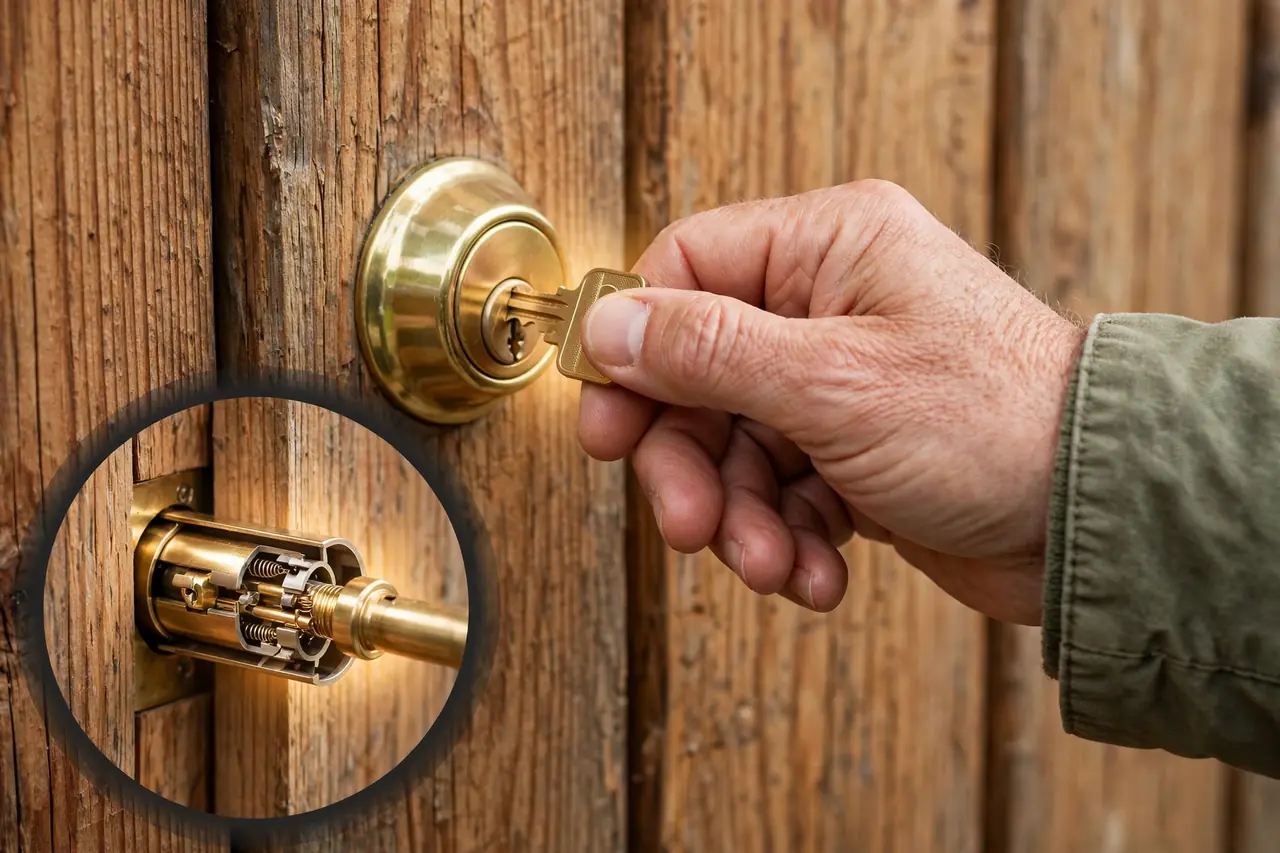 Hand turning a key in a deadbolt with a magnified inset of the bolt sliding into the frame