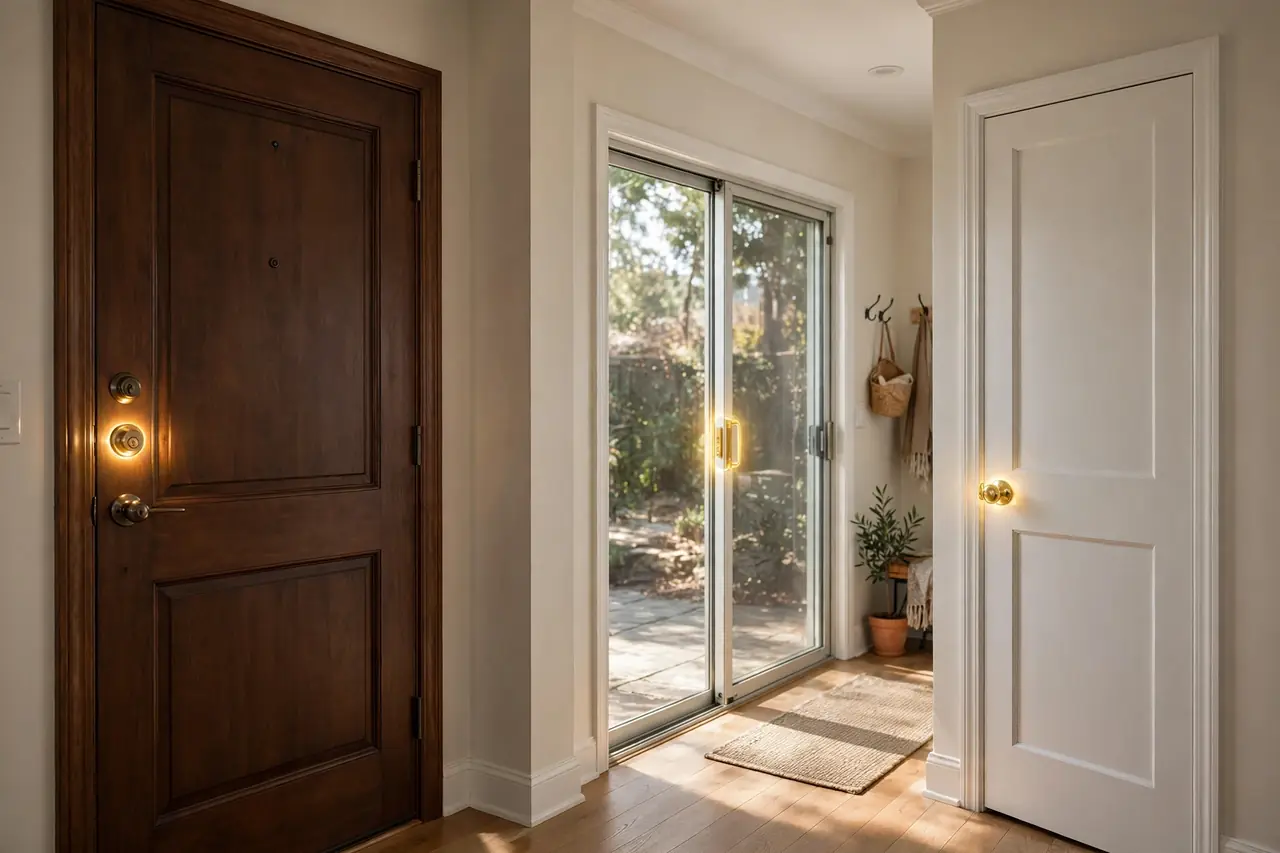 Hallway with an entry door deadbolt, a bedroom privacy knob and a sliding patio door, each lock highlighted