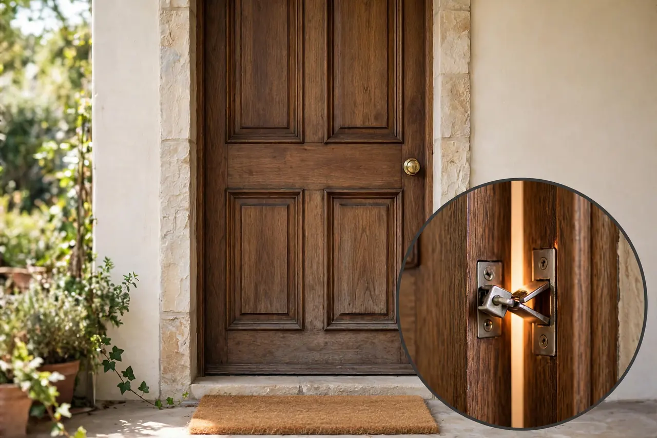 Front door with only a knob lock, its small spring latch highlighted where it meets the frame