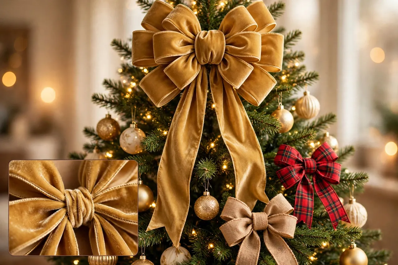Large gold velvet bow with long tails crowning a Christmas tree, with red plaid and burlap bows on the branches