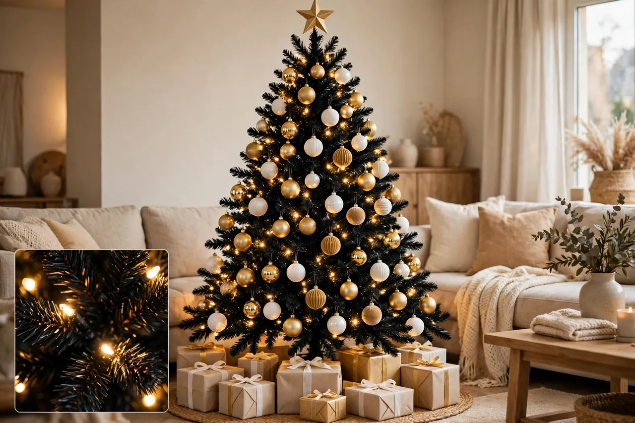 Black Christmas tree with gold and white ornaments of mixed finishes, warm lights glowing deep in the branches and a gold star topper