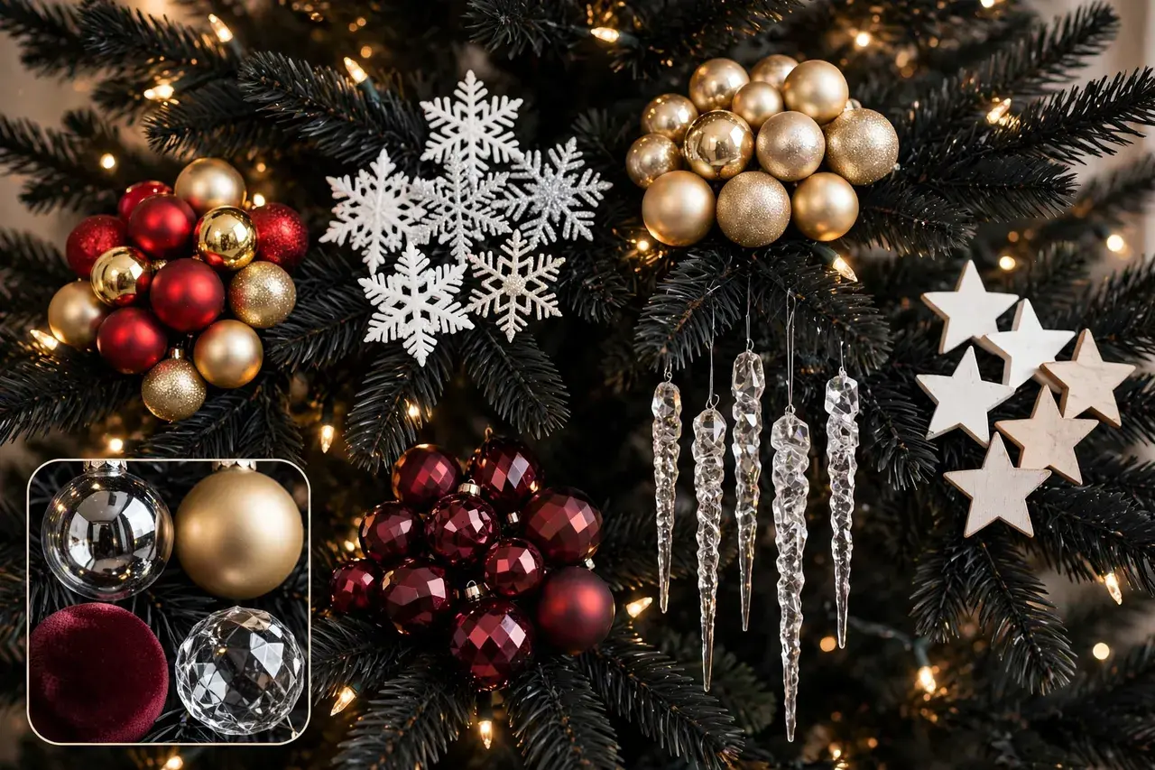 Black Christmas tree branches with grouped red and gold, white and silver, gold, crystal icicle, burgundy jewel and white wooden star ornaments and a close-up inset of mixed ornament finishes