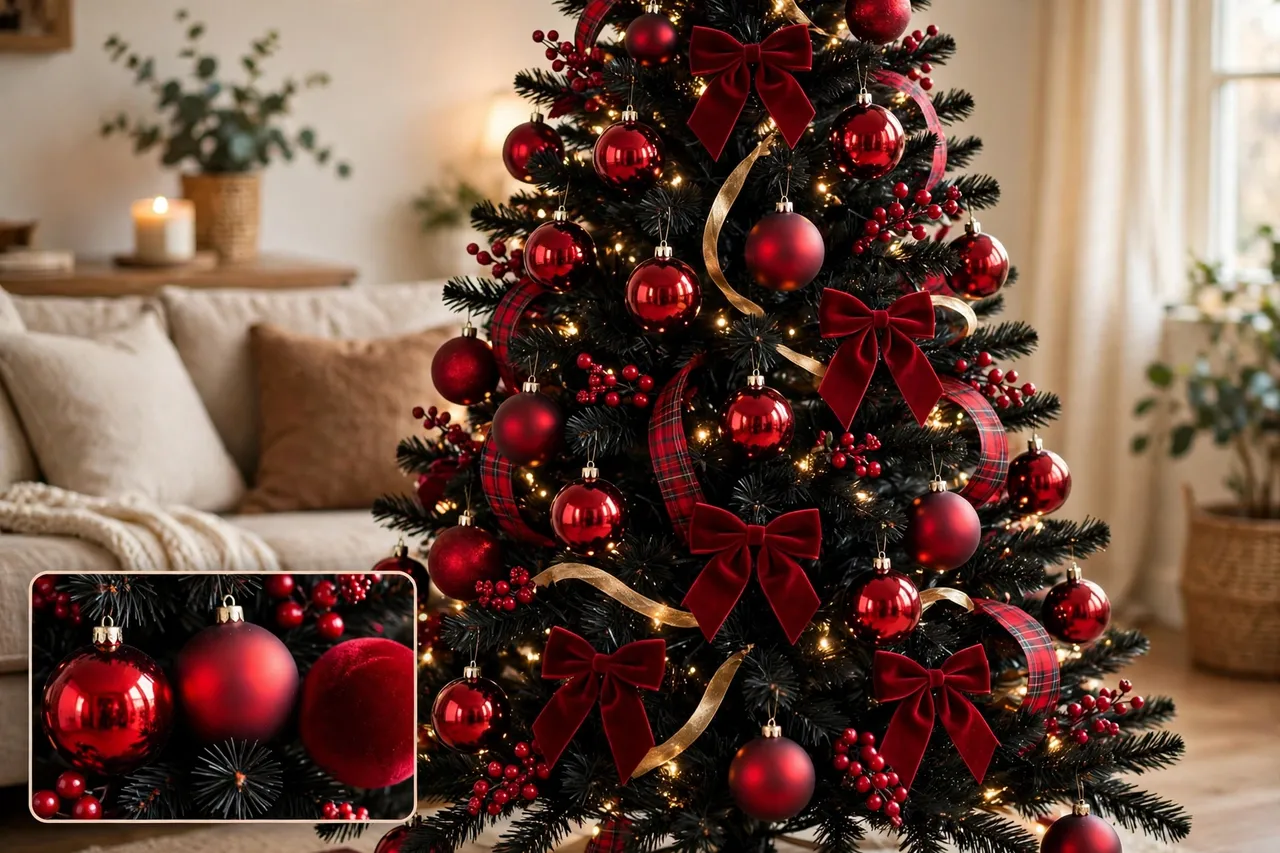 Black Christmas tree decorated with glossy and matte red balls, red velvet bows, red berries, gold ribbon and warm white lights