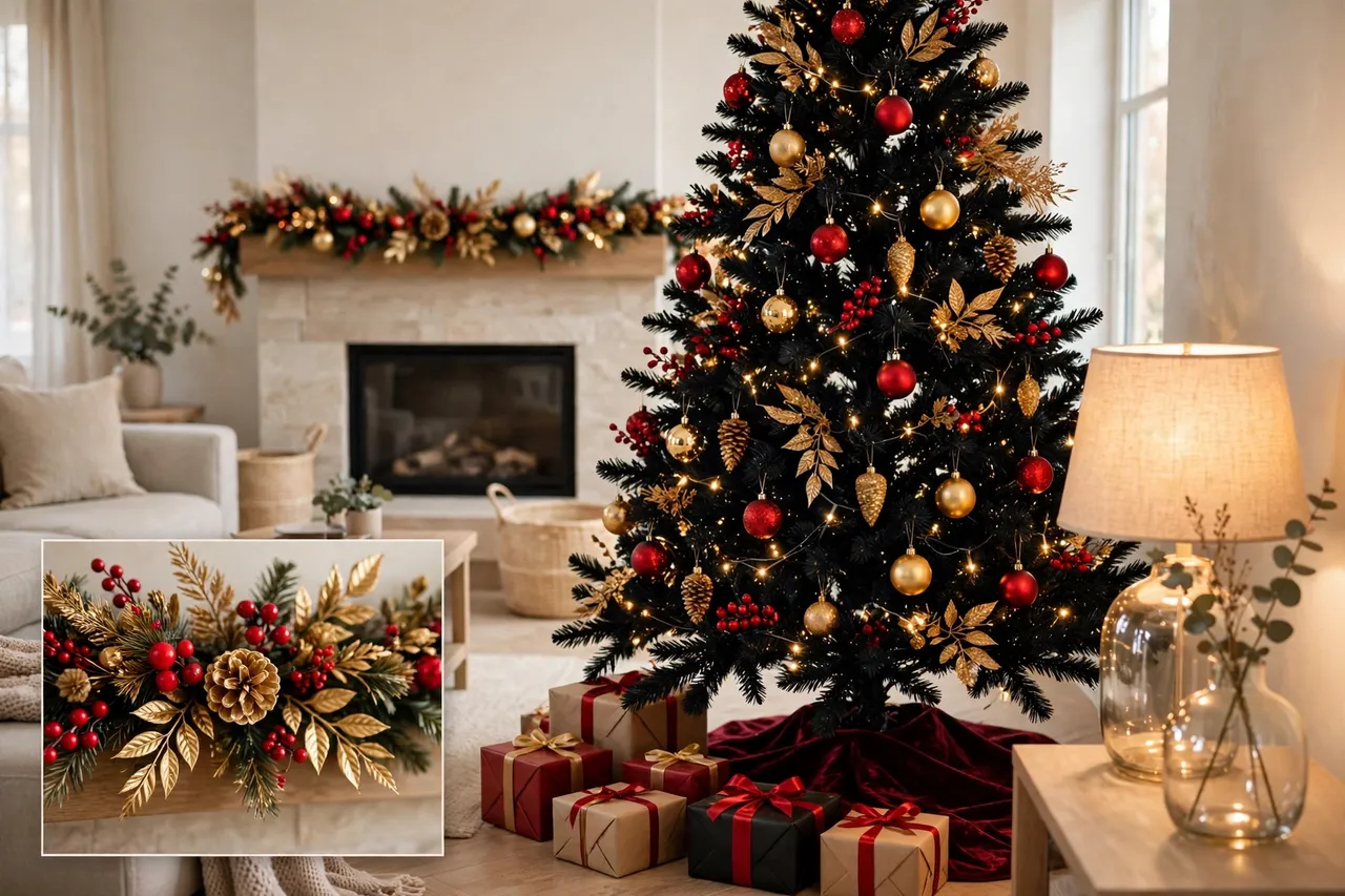 Black Christmas tree with red and gold ornaments beside a fireplace mantel with a matching red and gold garland and wrapped gifts