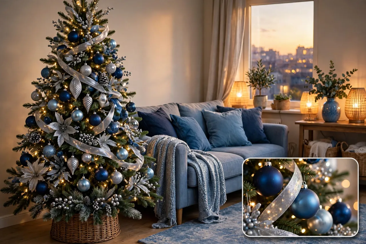 Finished blue and silver Christmas tree in a living room with blue cushions and a silver-blue throw echoing the tree palette