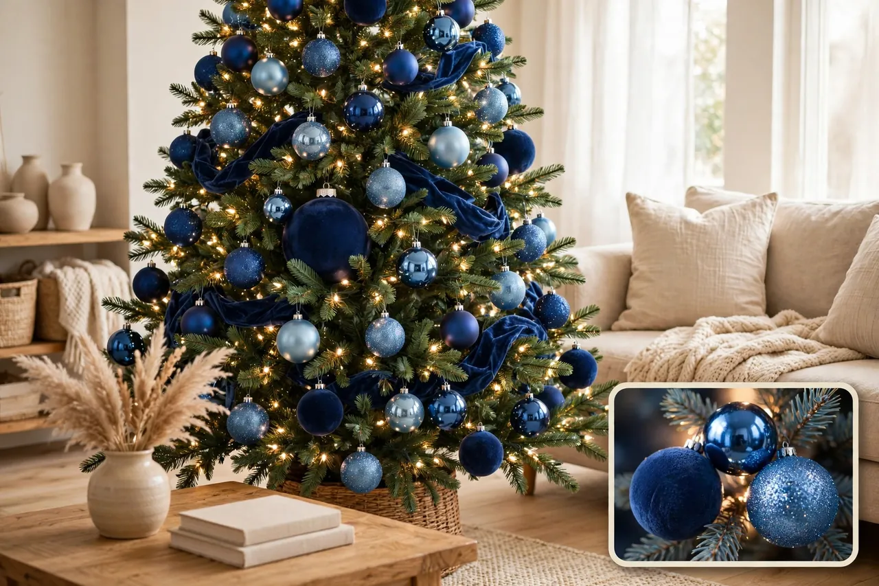 Balanced blue Christmas tree mixing navy and ice blue ornaments in matte, shiny and glitter finishes with velvet ribbon and even warm lights