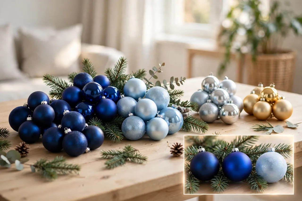 Navy, royal blue and ice blue ornaments grouped on a table beside silver and gold ornaments, with a close-up inset of the three blue shades