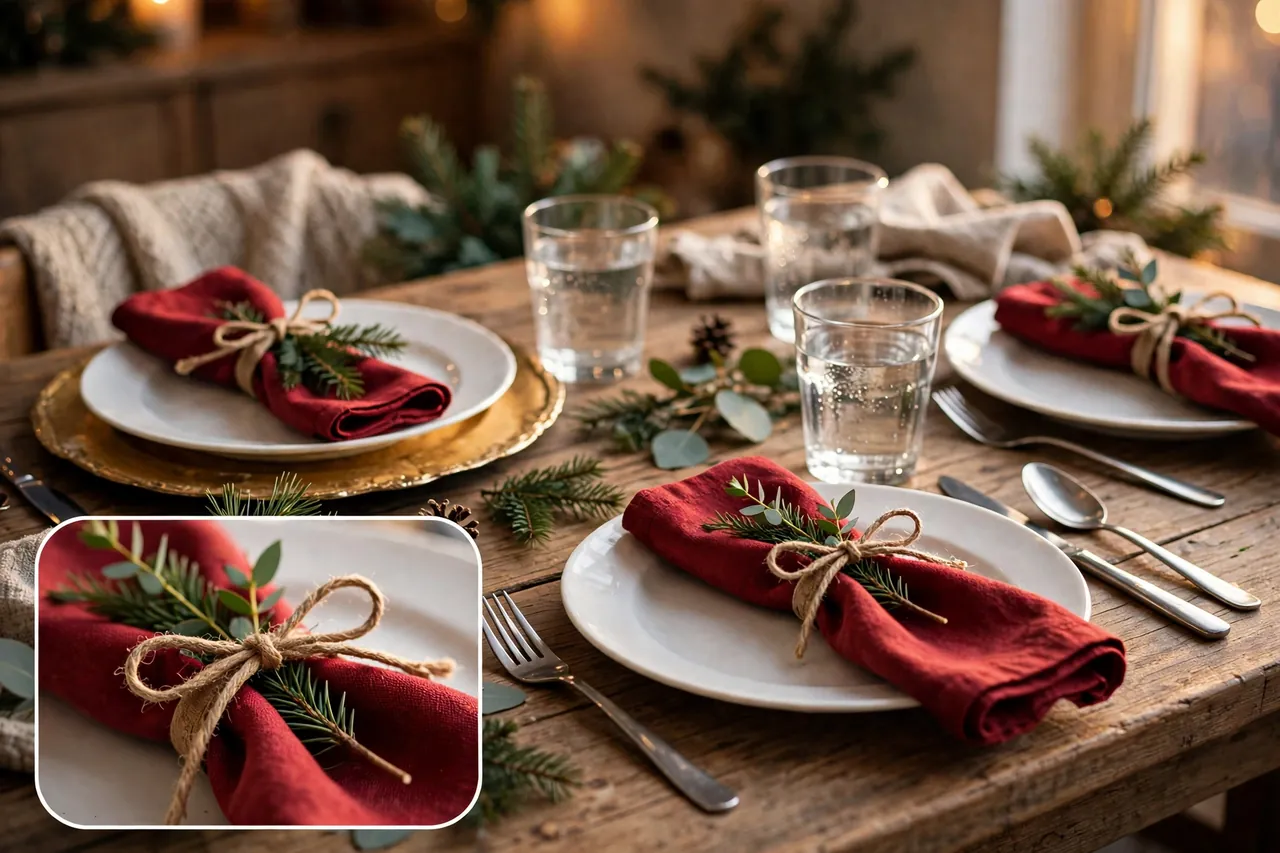 Simple white plates with red napkins tied in twine with fresh greenery sprigs on a rustic wooden table, with one gold charger