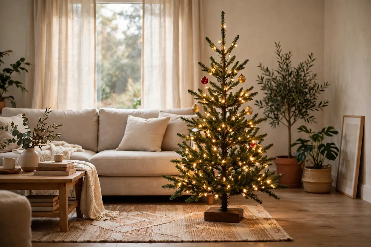 A Christmas tree with warm lights and only five red and gold ornaments hung, viewed from across a living room