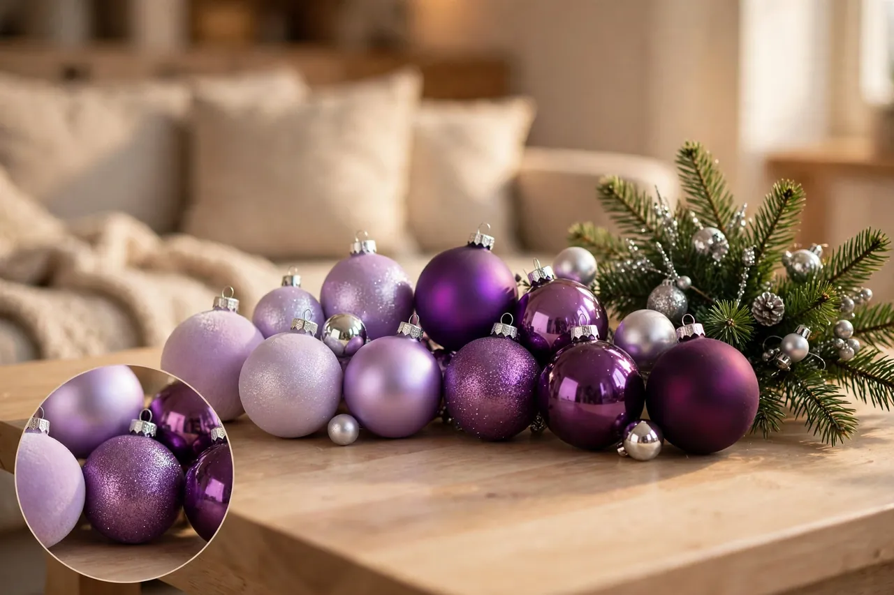 Purple Christmas ornaments in lilac, lavender, violet, amethyst and plum shades grouped on a wooden table beside a green tree branch, with a magnified close-up inset showing the matte, shiny and glitter finishes