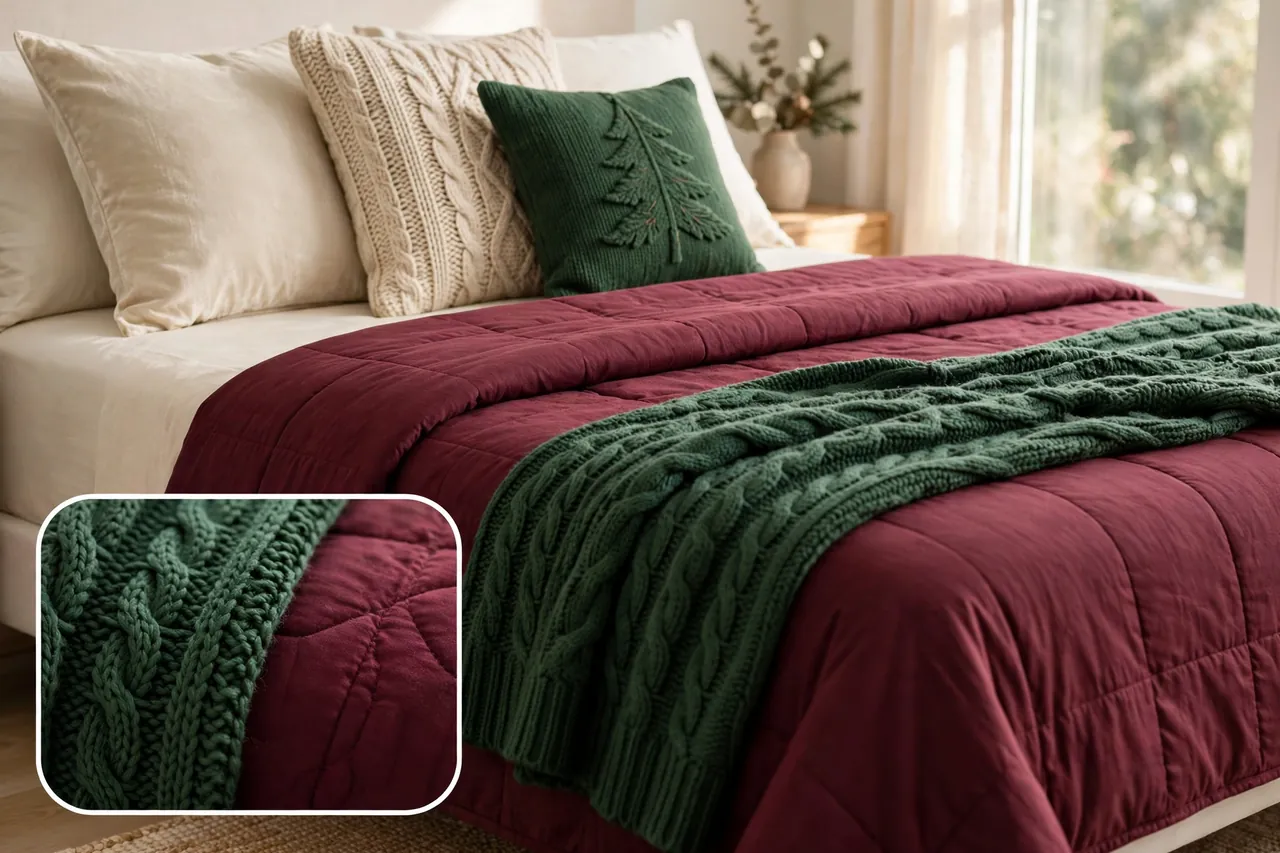 Bed with cream sheets, a burgundy quilt, a chunky green knit throw across the foot, and mixed-texture accent pillows including one small tree pillow