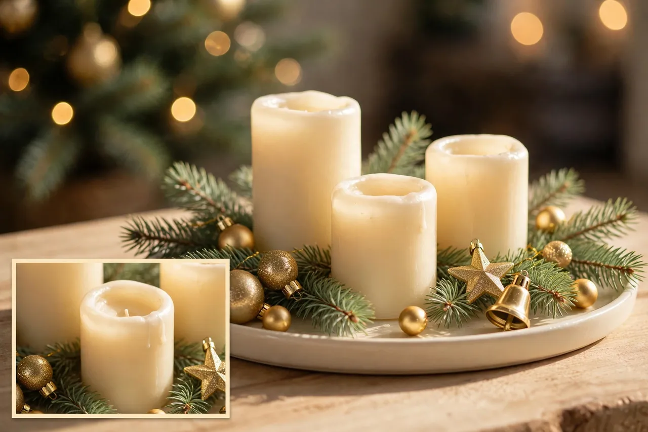 Cream candles, green pine sprigs and gold ornaments on a cream tray on a coffee table with a lit tree blurred behind