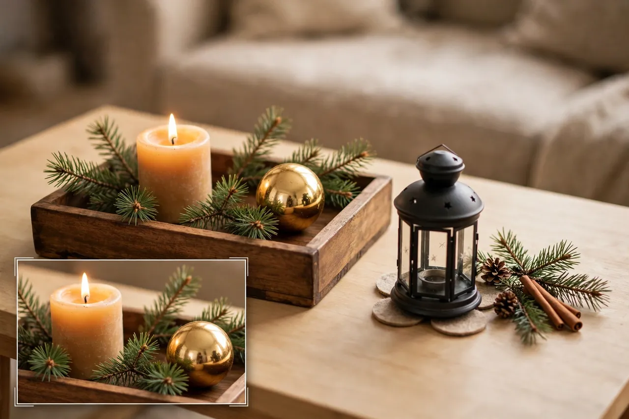 Wooden tray on a coffee table holding a lit candle, pine sprigs and a large gold ornament, with a small lantern group beside it