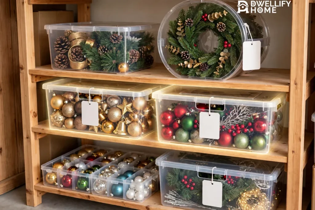 Neatly organized Christmas decoration storage boxes on wooden shelves: clear bins of ornaments, a divided ornament tray, and a round wreath case with blank labels
