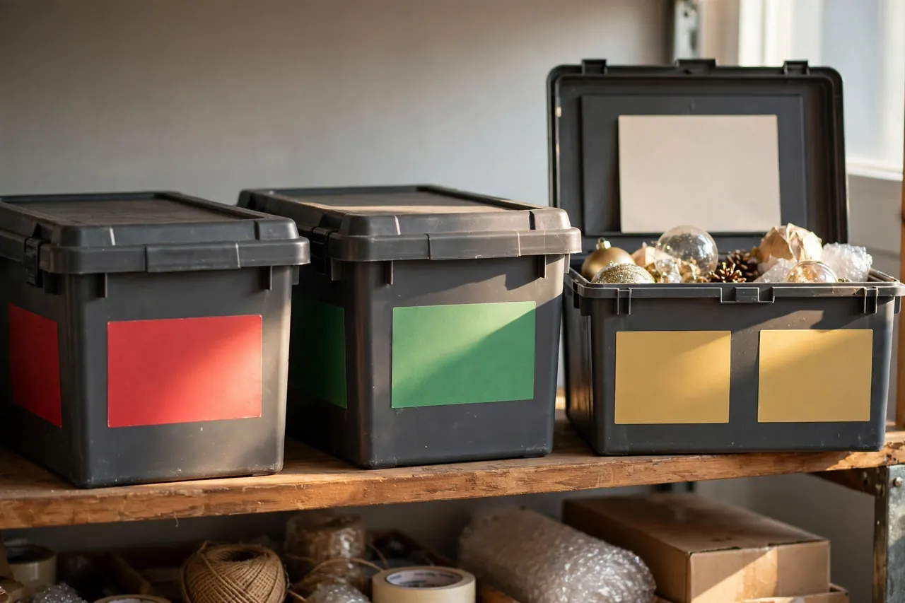 Dark storage bins on a shelf carrying large blank color-coded labels in red, green, and gold, with a blank inventory card inside one open lid