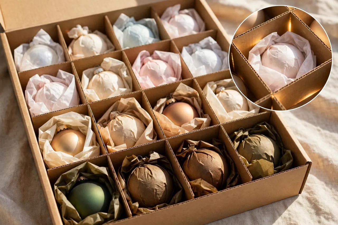 Open ornament box with cardboard dividers, each cell holding one tissue-wrapped Christmas ornament, with a magnified inset of a single ornament in its cell