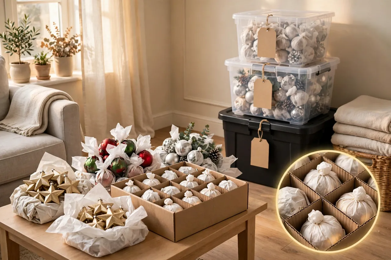 Christmas decorations being sorted, wrapped in tissue, and packed into a divided box, with finished blank-tagged bins stacked neatly behind