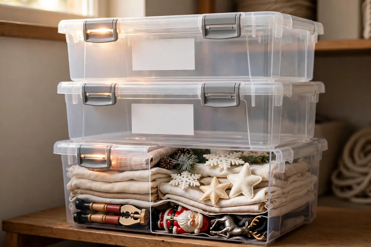 Three same-size clear plastic bins with latching lids stacked neatly, the bottom bin open showing fabric decor and figurines packed inside