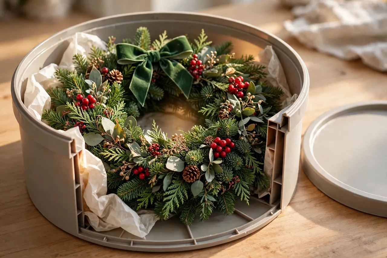 A lush green Christmas wreath with a velvet bow sitting undistorted in a round wreath box with tissue around its picks, lid resting beside it